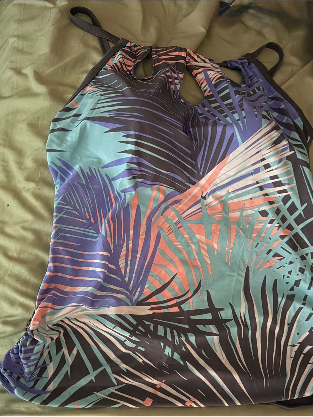 Free Country Women’s Tropical Palm Print Two Piece Swimsuit Teal/Purple/Coral